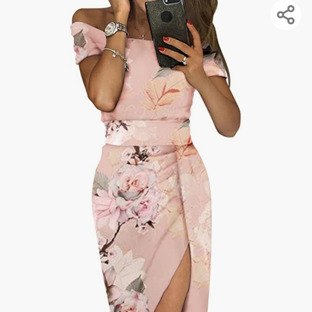 PINK FLORAL OFF SHOULDER DRESS with SLIT